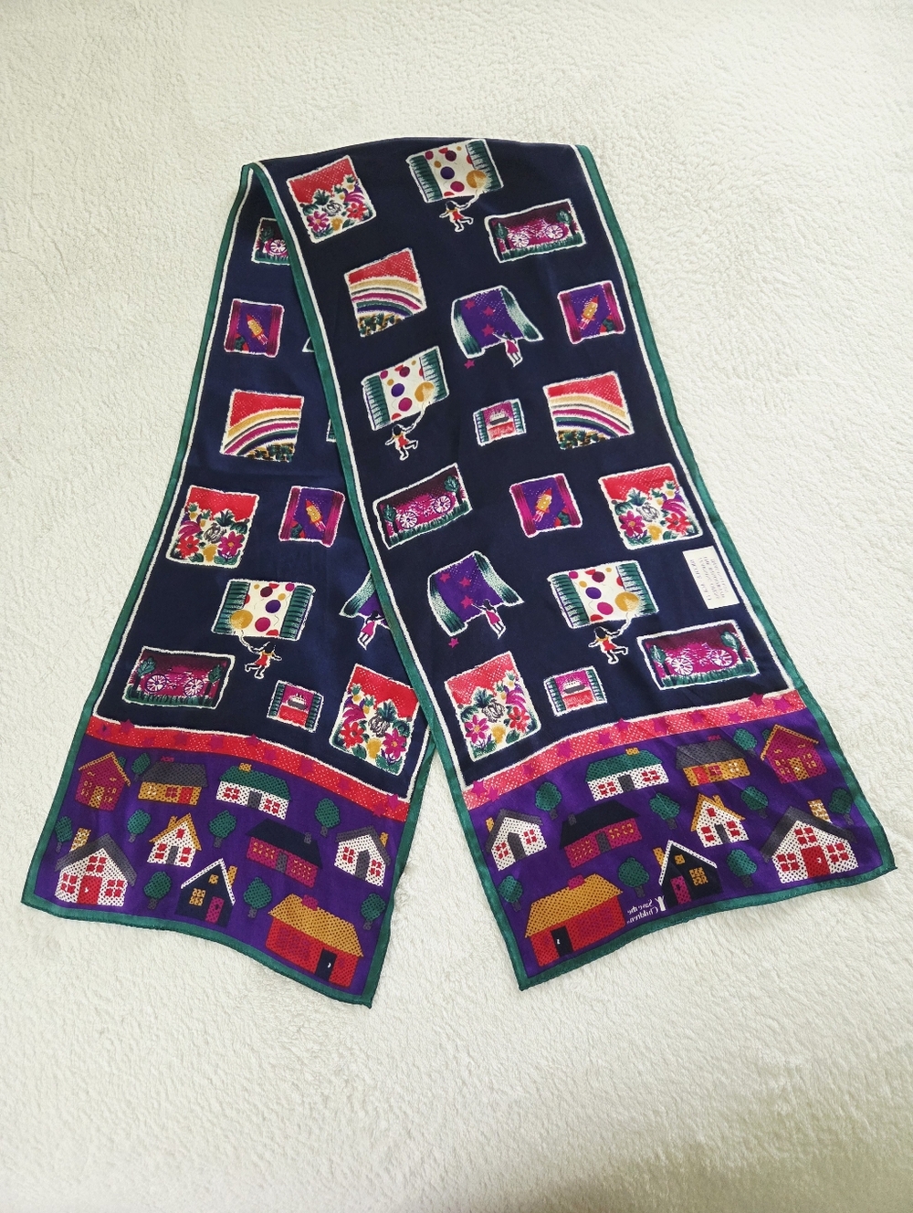 Vintage!!! Save the Children ✨️ Colorful Village Print Silk Women's Scarf